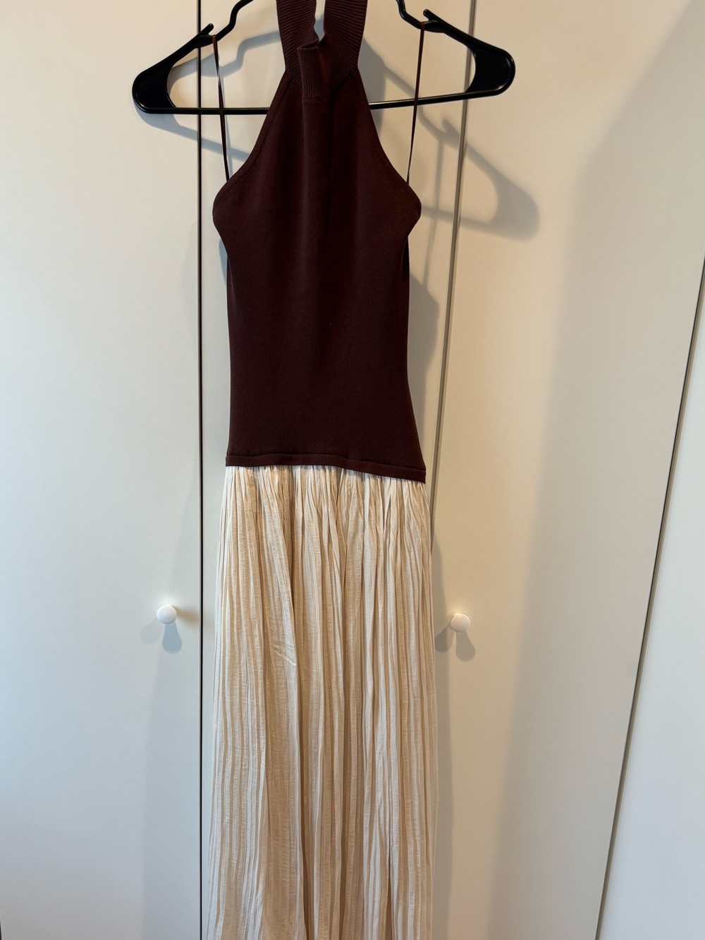 Moon River Brown Halter Knit Top with Cream Pleated Maxi Skirt